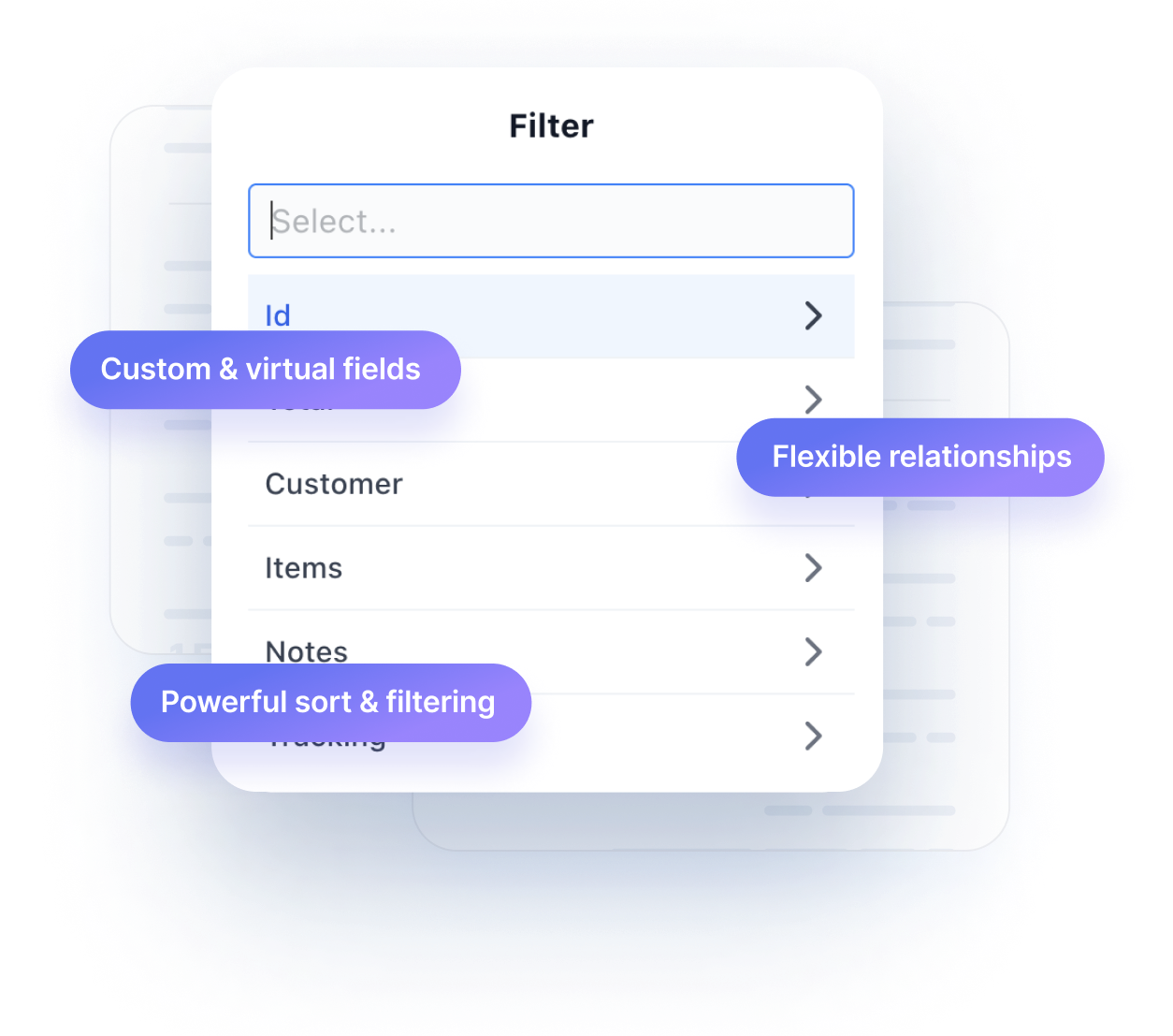 Overlay of Admin UI field panes showing fields for a Post content type. Promotional text overlays show: custom & virtual fields; flexible relationships; powerful sort & filtering.